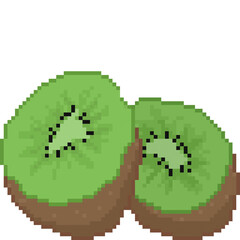 A retro-styled pixel-art illustration of a fresh green kiwi.