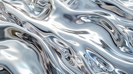 An artistic representation of technology waves using silver and metallic textures that mimic a liquid metal, flowing and merging on a monochromatic scale.