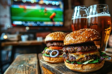 Burgers, French fries and beer in the bar against the background of a TV showing a football match.