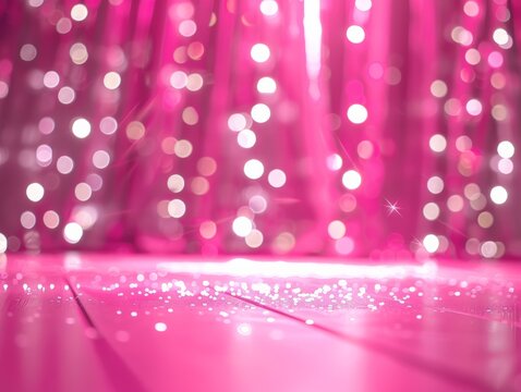 Abstract pink glittery background with bokeh lights and wooden floor for festive celebration, holiday and party themes