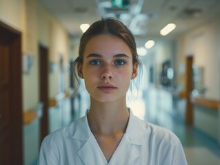 Naklejka premium A woman in a white lab coat stands in a hospital hallway. She has a serious expression on her face
