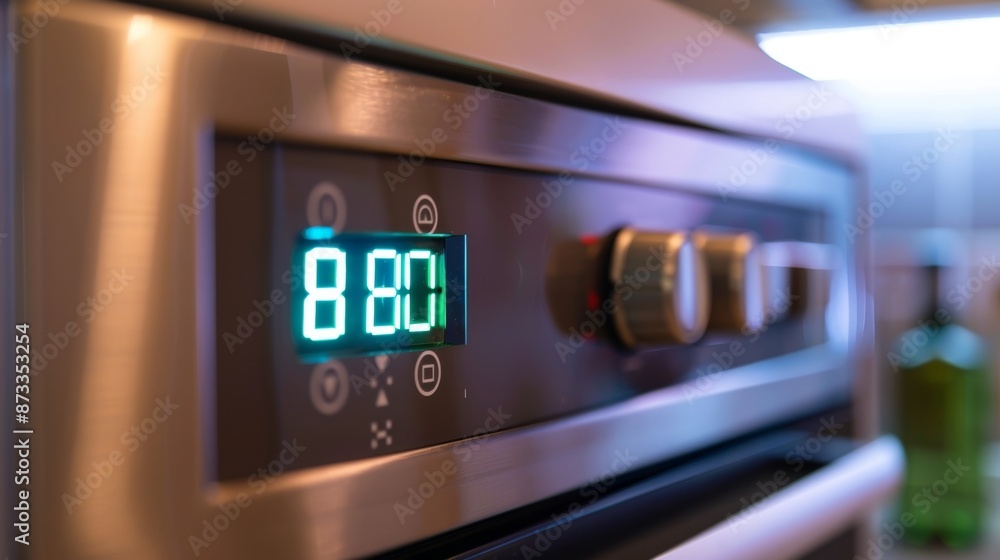 Poster closeup of the digital clock display on a microwave with the time and date shown in clear bright num