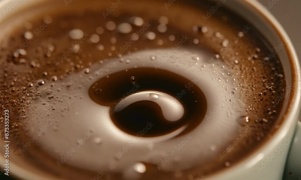 Poster coffee is being poured into a mug, creating swirls and bubbles on the surface of the dark liquid. th