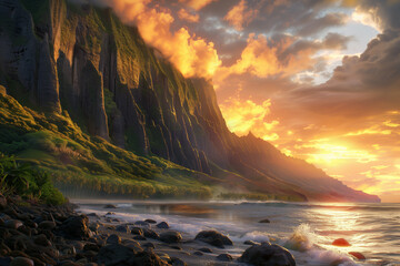 Fototapeta premium A breathtaking landscape showcasing a majestic mountain range with towering cliffs and lush greenery at sunset, complemented by a tranquil beach with waves gently lapping against smooth pebbles