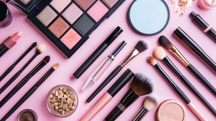 Cosmetics are laid out on a pink background in a geometric style.
