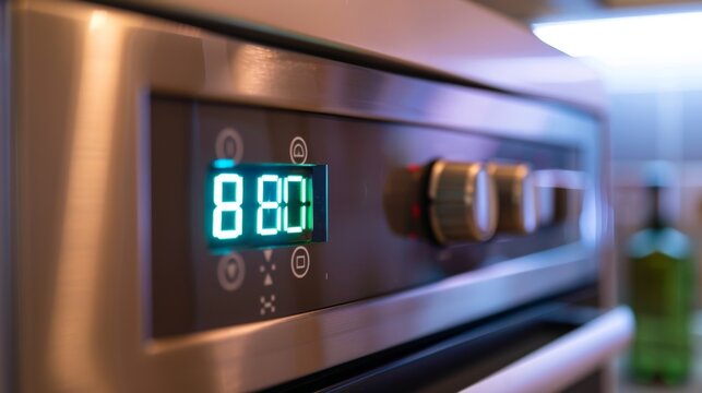 Closeup of the digital clock display on a microwave with the time and date shown in clear bright numbers.