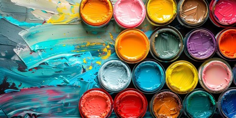 Vibrant Paints in Tins on Colorful Abstract Background