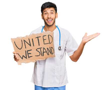 Young handsome man wearing doctor uniform holding united we stand banner celebrating victory with happy smile and winner expression with raised hands