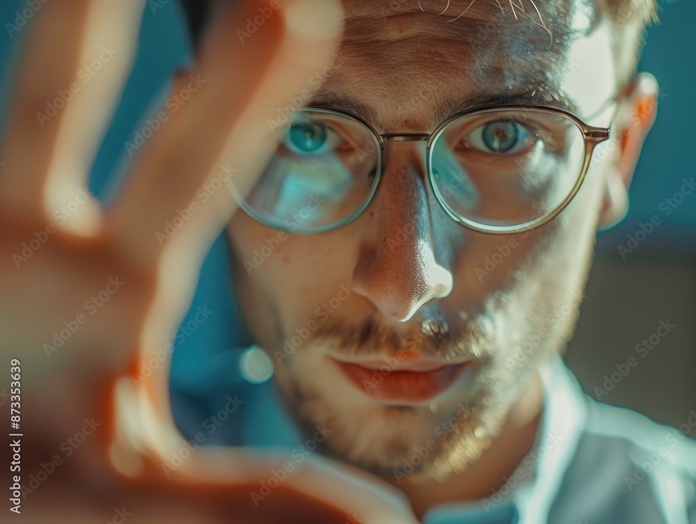 Poster a man with glasses is looking at the camera. the image has a moody and introspective feel to it