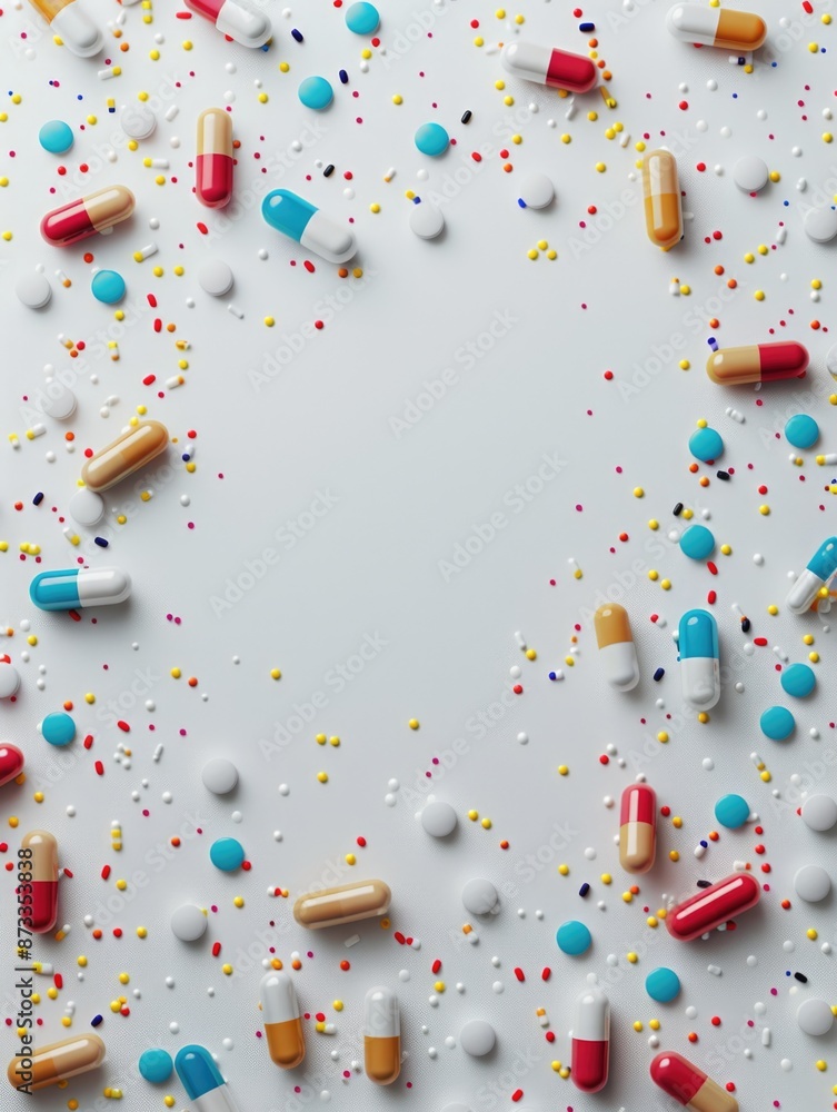 Poster a colorful array of pills scattered across a white background. the pills are of various colors and s