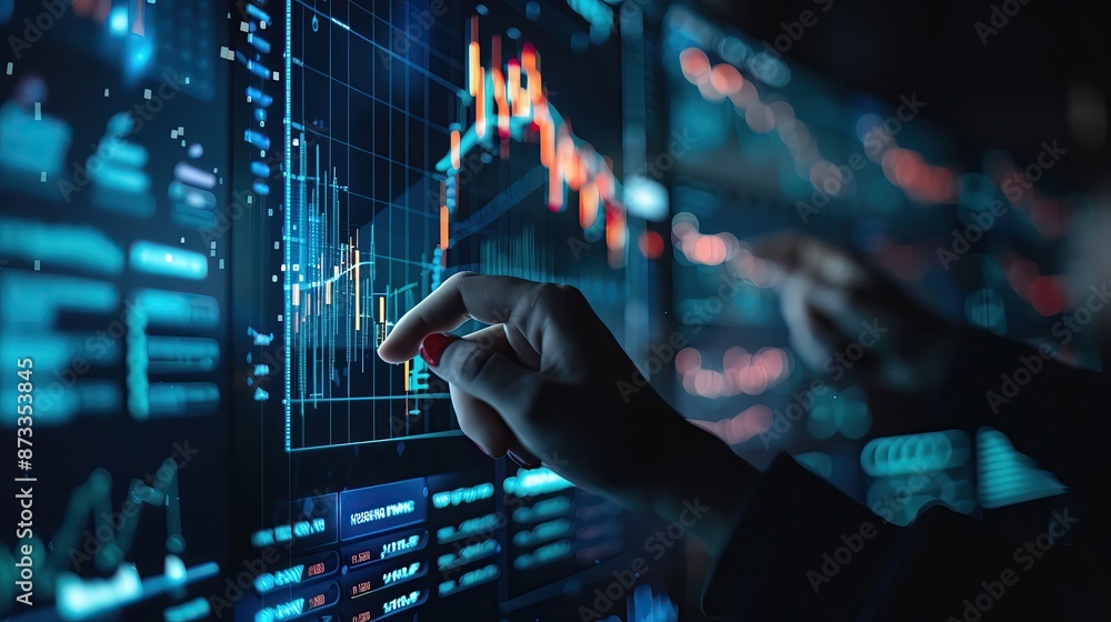Poster hands pointing at a digital screen displaying complex financial data and stock market charts for ana