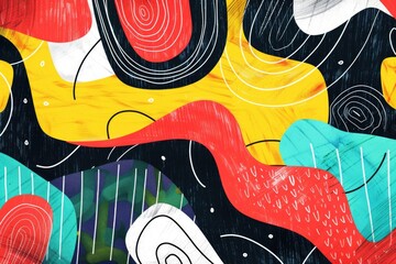 A colorful abstract painting with a lot of swirls and lines. The painting is full of bright colors and has a lot of texture. It seems to be a piece of art that is meant to evoke a sense of movement