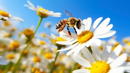 Obraz premium Natural background depicting daisy flower and bees on a sunny day