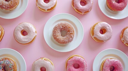 Glazed donuts on white plates on a pink table