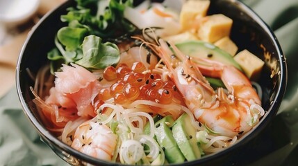   A close-up of a bowl full of shrimp, broccoli, cucumbers, and assorted veggies