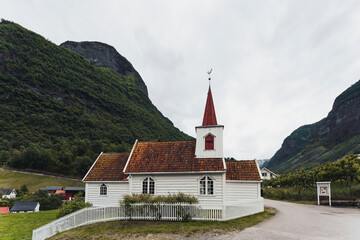 Undredal Stave Church by the Naeroeydalen Fjord, the smallest stave church in Norway.