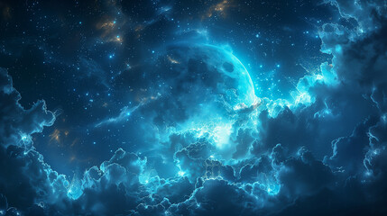 Obraz premium Mystical Blue Nebula with Illuminated Clouds and Stars