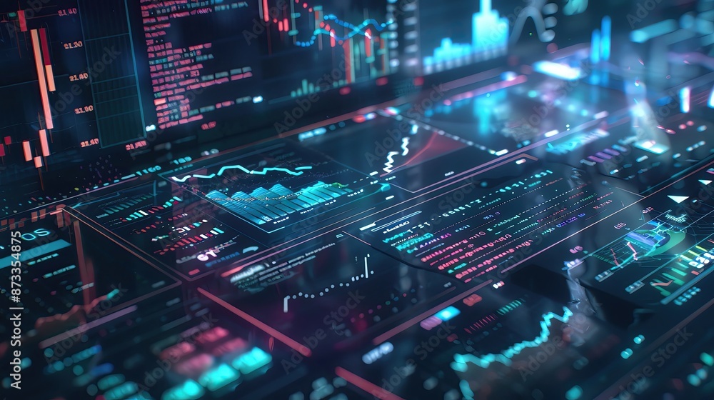 Aufkleber futuristic digital financial data visualization with charts and graphs on a screen, ideal for financ