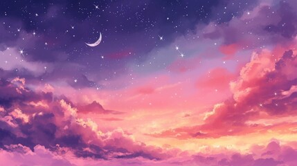 Twilight sky with crescent moon and stars is serene and romantic, filled with celestial wonder and aweinspiring beauty