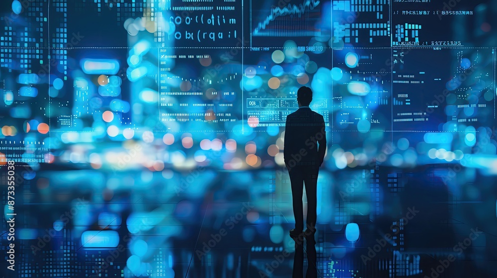 Poster silhouette of a man standing in front of a digital data interface with glowing charts and graphs - c