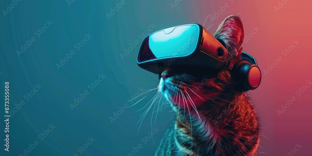 Poster a cat wearing a virtual reality headset is staring at the camera. the image has a futuristic and pla