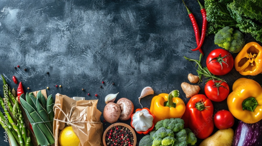 Poster a colorful assortment of vegetables and herbs are displayed on a countertop. the vegetables include 