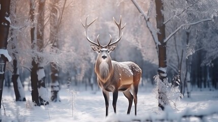 Deer in winter forest. Wild animal in winter forest. Wildlife scene.
