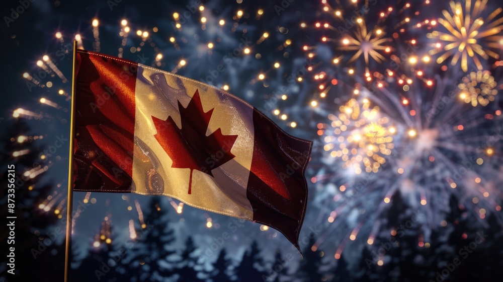 Poster a canadian flag is flying in the sky above a fireworks display. the flag is red and white with a map