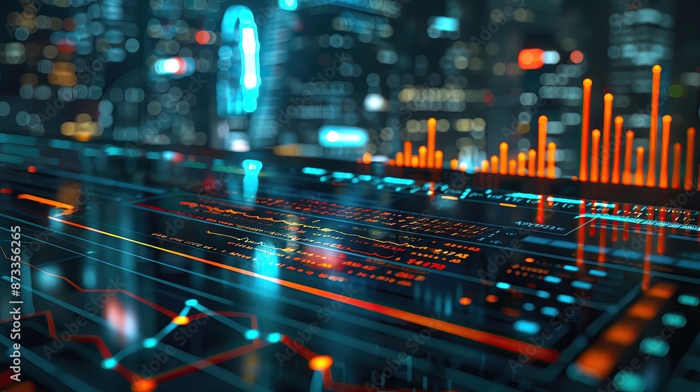 Poster futuristic digital cityscape with data visualization, abstract technology background showing graphs 