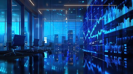 Modern office with digital financial charts and cityscape view, depicting global business and stock market trends in futuristic blue lighting.