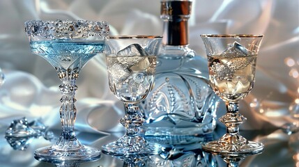   Three crystal goblets and a bottle of wine on a silver surface with white and silver swirls as the background