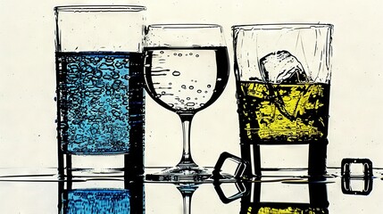   Drawing of three wine glasses with ice cubes on a table surrounded by water and ice cubes