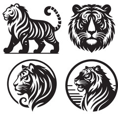 4 sets black of  tiger silhouette isolated on white background png jpeg eps transparents