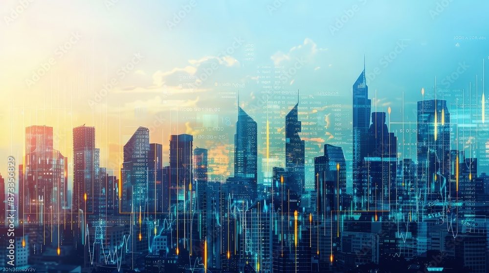 Poster an elegant array of financial graphs merging into a skyline, symbolizing the growth and expansion of