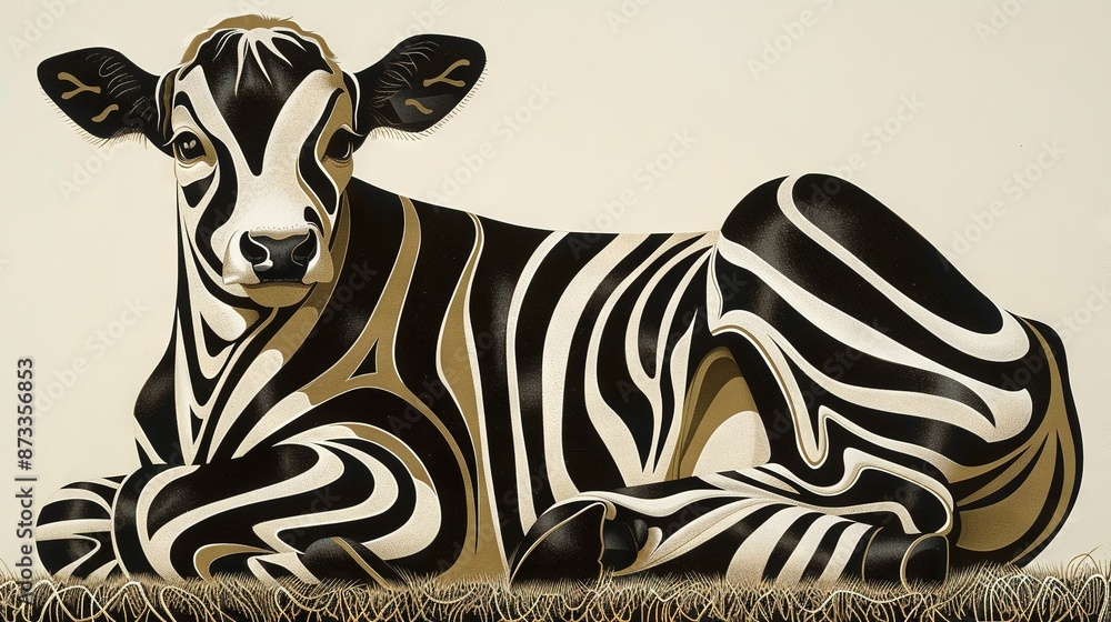 Poster a painting of a zebra resting in a field of dried grass with white walls on either side