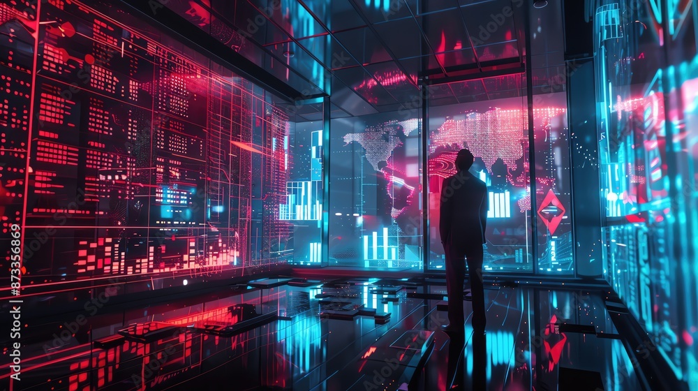 Fototapete Futuristic technology room with neon lights and data displays. A person stands surrounded by digital graphics and screens, representing cyberspace.