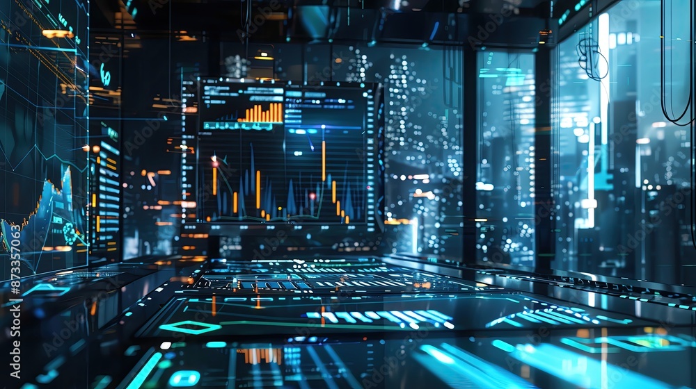 Poster futuristic data analysis room with digital interfaces and glowing graphs, representing cutting-edge 