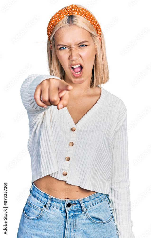 Sticker Beautiful young blonde woman wearing casual white sweater pointing displeased and frustrated to the camera, angry and furious with you