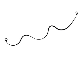 Route location icon, three map pin sign and road or path, start and end journey symbol, black color vector illustration isolated on white background. Vector illustration. Eps file 21.