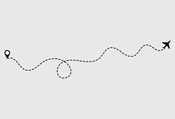 Airplane flight route icon in transparent style. Travel line path vector illustration on isolated background. Dash line trace business concept. Vector illustration. Eps file 25.