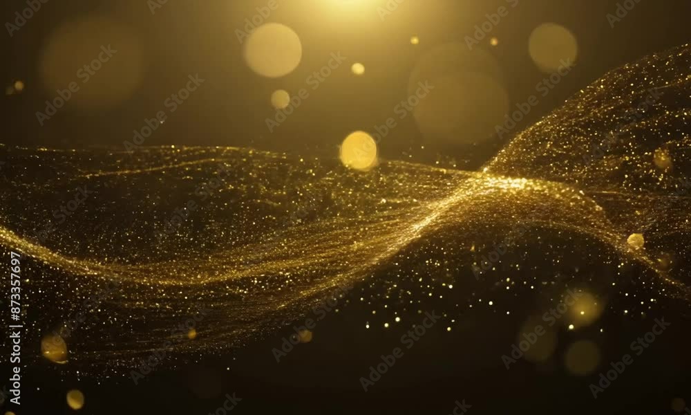 Aufkleber abstract background with a golden wave made of particles flowing on a black background with bokeh. p
