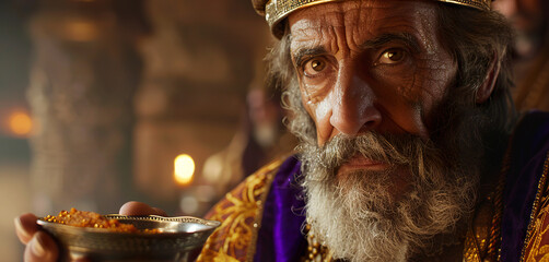 Close-up of Melchizedek, the priest king of Jerusalem, in a visual representation of the majestic and reverent figure. Melchizedek dressed in royal and priestly attire.