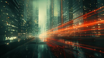 Captivating digital art showcasing a modern cityscape illuminated by a dynamic 5G signal
