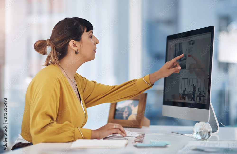 Poster computer, screen and woman with pointing in office for company network, planning and solution. creat