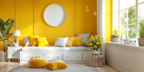 Bright Cozy Bedroom with Vibrant Yellow Walls and Natural Light