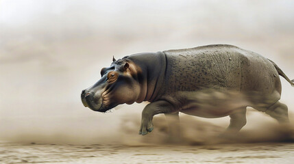 single hippo running through the fog