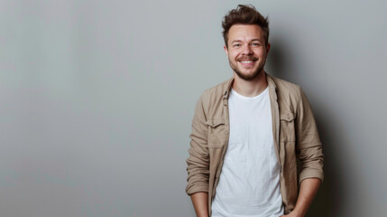Fototapeta premium Caucasian handsome man smiling Standing with hands in pockets isolated on a gray background