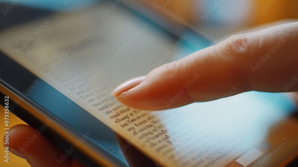 Poster a closeup of a finger tapping on the touch screen of an ereader highlighting the responsiveness and 