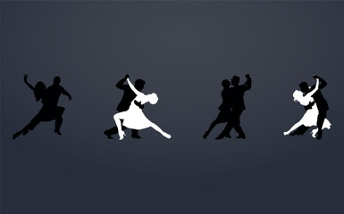Ballroom dancing. A set of silhouettes of four dancing couples. Vector on a dark background