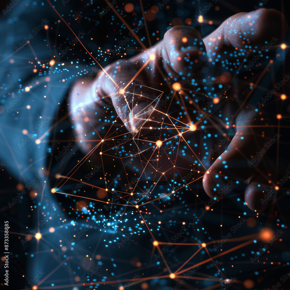 Poster close-up of a man's hand pushing and using a glowing polygonal mesh interface on a dark background. 